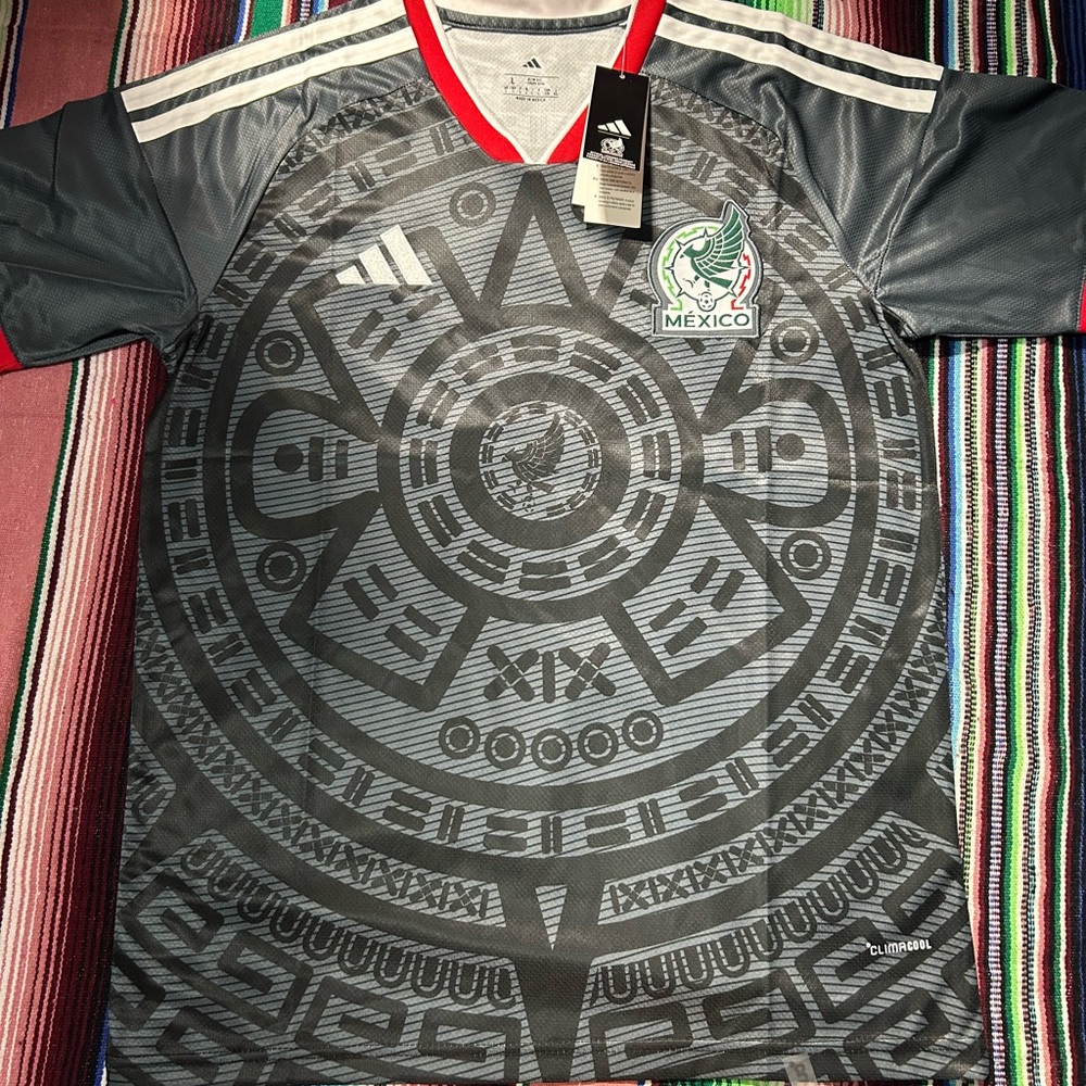 adidas Mexico Gray and Black Aztec Football Jersey with Red Trim